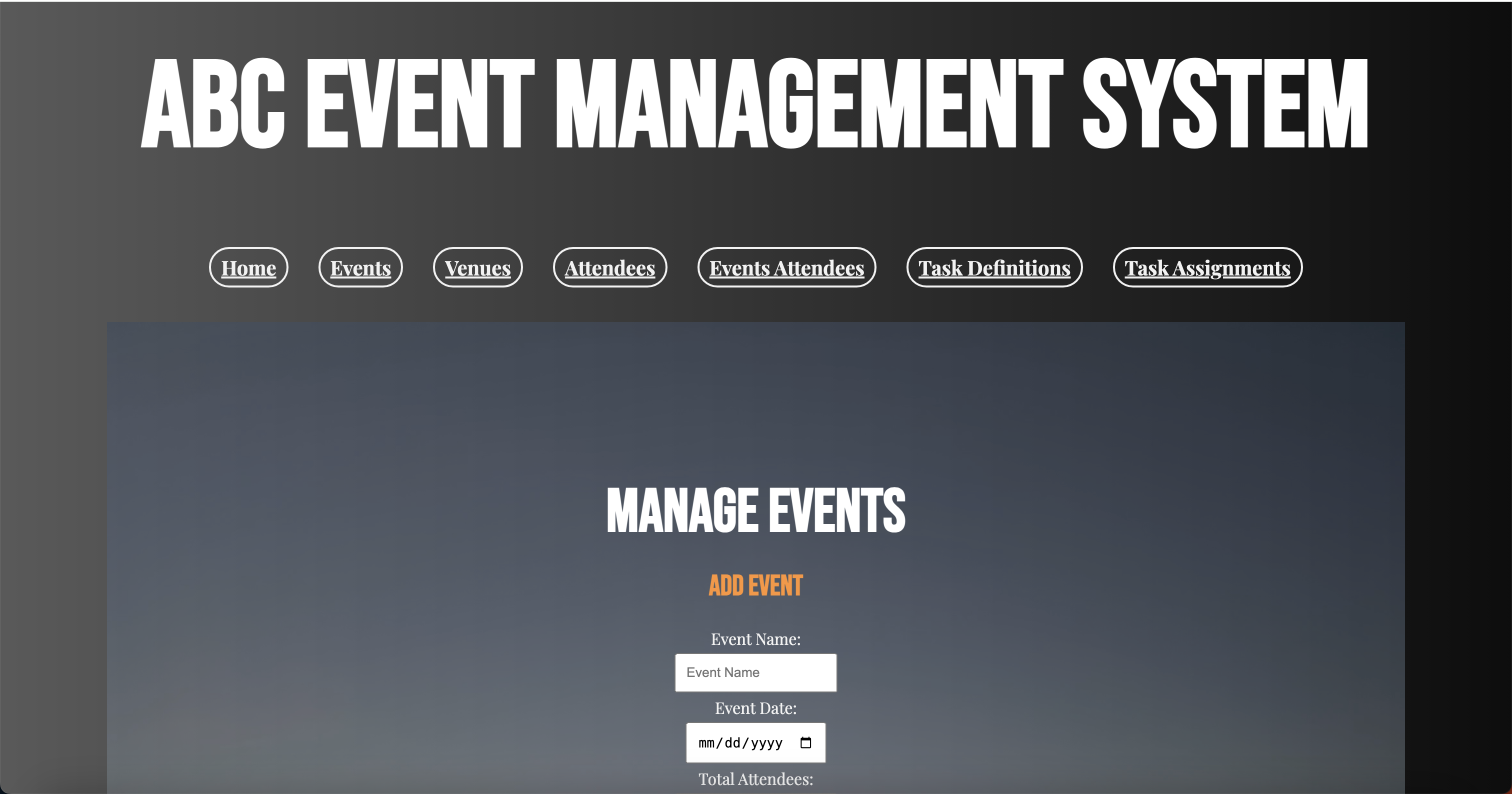 Screenshot of ABC Event Management App Homepage